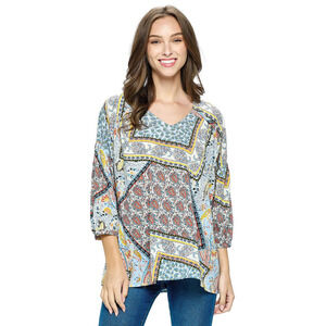 24419 B Yak & Yeti Blouse Patchwork Print Pattern Blue Multi Various Sizes